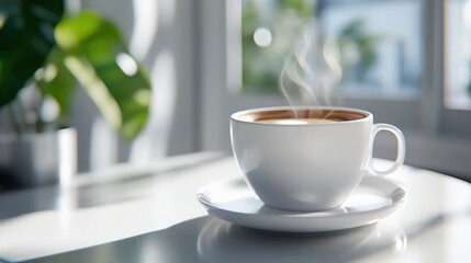 Fototapeta premium Cup of coffee with steam on a light background. 