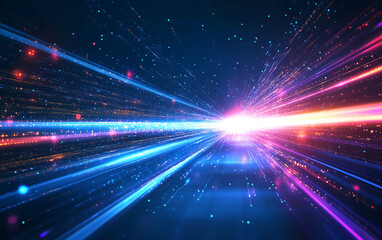Obraz premium Futuristic blue light streaks traveling at high speed through space, representing energy, acceleration, sci-fi motion, digital technology, and cosmic innovation in a dynamic scene.