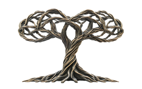 An Artistic Tree with Interwoven Roots Symbolizing Strength and Unity Isolated on transparent background.