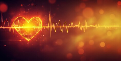 Heart beat cardiogram in glowing red and yellow. EKG, ECG line. Blurred background, copy space. Concept of medicine, medical monitoring and health.