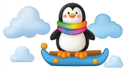 Obraz premium Cute Cartoon Penguin on a Colorful Boat with Playful Clouds