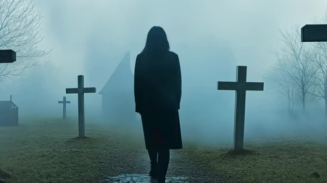 Woman walks through foggy graveyard surrounded by crosses and trees during early morning hours in a somber and eerie atmosphere