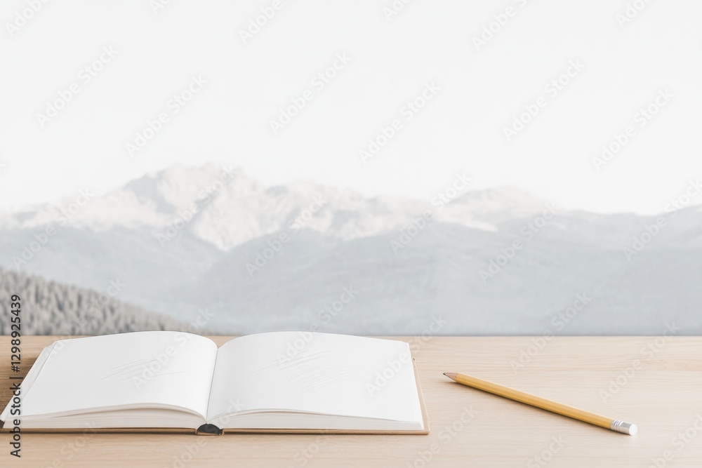 Poster minimalistic stock photo of open sketchbook with simple line drawing of landscape placed on wooden t