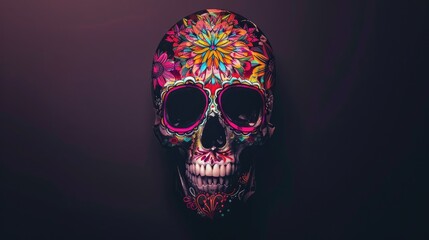 Vibrantly decorated skull with intricate floral patterns against a dark background, showcasing artistic craftsmanship