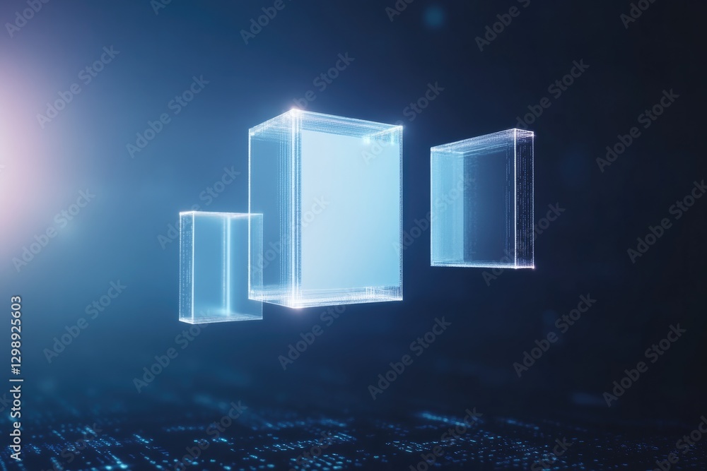 Poster minimalistic stock photo of digital files suspended in cyber environment floating across deep blue b