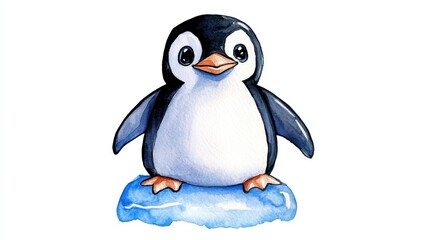 Obraz premium Cute Penguin Standing on Iceberg Illustration in Watercolor Style