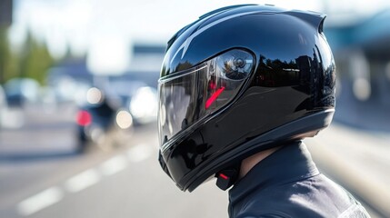 Fototapeta premium Motorcyclist in a stylish helmet near the road. 