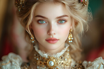 Fototapeta premium a young girl with aristocratic features, large green-blue eyes and delicate porcelain skin. 