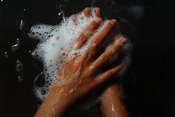 Fototapeta premium A close-up hyper-realistic image of hands rubbing together with foamy soap, showing bubbles and a glossy effect on the skin. The lighting highlights the texture and shine of the wet hands.