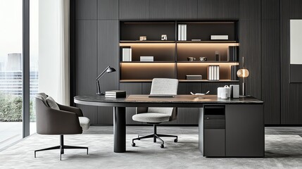 Modern office interior with sleek furniture design.