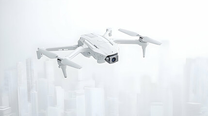 Naklejka premium White Drone Flying Above Abstract White Cityscape Against A Bright Sky