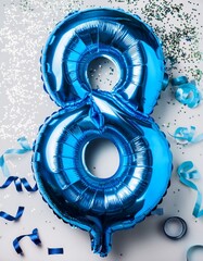 Blue balloon number 8 for eighth birthday or anniversary party. White background with confetti