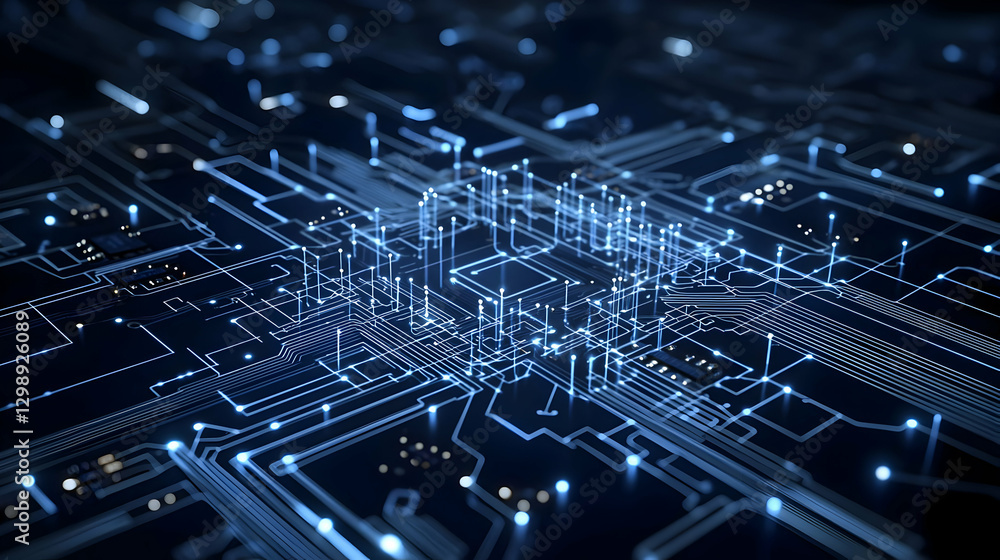 Poster close up of a illuminated electronic circuit board displaying data lines and microchips with blue li