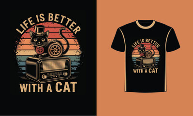Steampunk Cat T-Shirt - Retro Vintage Cat Lover Tee with Radio & Gears
