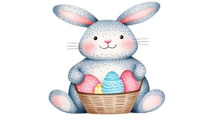 Cute Cartoon Rabbit with Colorful Easter Eggs in a Basket