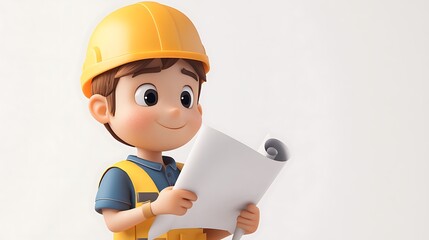 Construction kid reading plans cartoon style indoor setting smiling