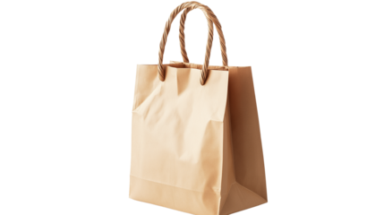 Recyclable brown paper bag with twisted handles, sustainable shopping bag, isolated on white background, PNG format