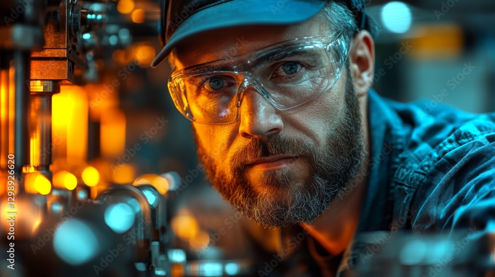 Poster A worker is intently monitoring complex machinery in a high-tech manufacturing facility. Dim lighting enhances the precision of the automated equipment during evening shifts.