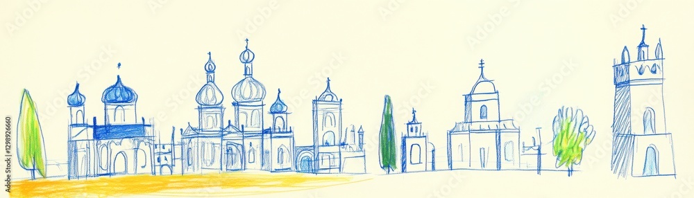 Poster blue and white village sketch light pastel drawing of a tranquil town landscape image description wi
