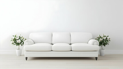 White Sofa with White Flowers in Pots Against a White Wall in a Brightly Lit Interior