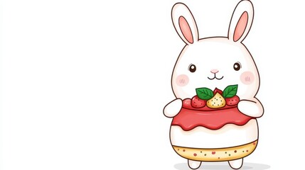 Cute cartoon bunny holding strawberry dessert with sweet toppings