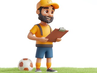 Soccer coach analyzing game strategy sports field cartoon style outdoor close-up