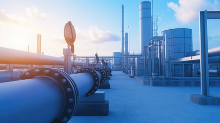 minimalistic view of water treatment plant machinery highlighting industrial pipes and tanks