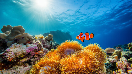 Fototapeta premium Colorful clownfish swims among vibrant sea anemones in a clear tropical ocean