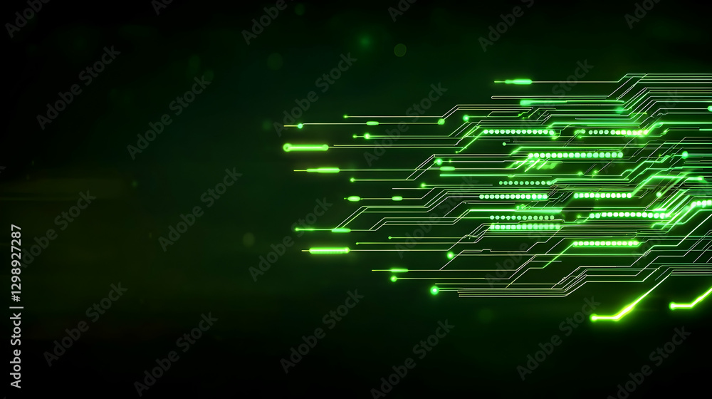 Poster green circuit board design with glowing lines in abstract technological background