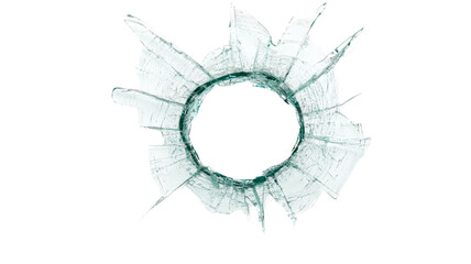 Broken glass with round hole on transparent background