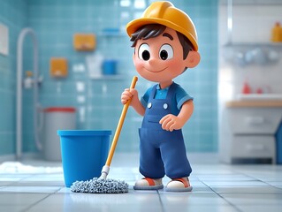 Young boy cleaning floor with mop home interior cartoon style bright colors