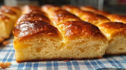 A close-up of a golden-brown bread loaf with a soft texture on a checkered cloth.