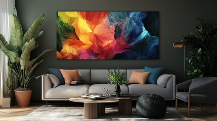 Vibrant abstract art in modern living room.