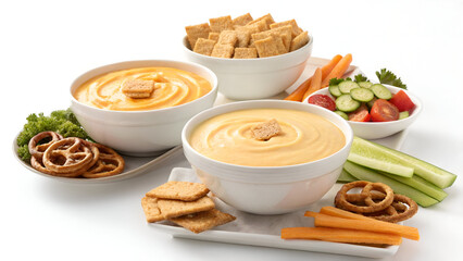 A set of bowls filled with smooth, creamy cheddar cheese sauce, paired with delicious snacks on a clean white background.