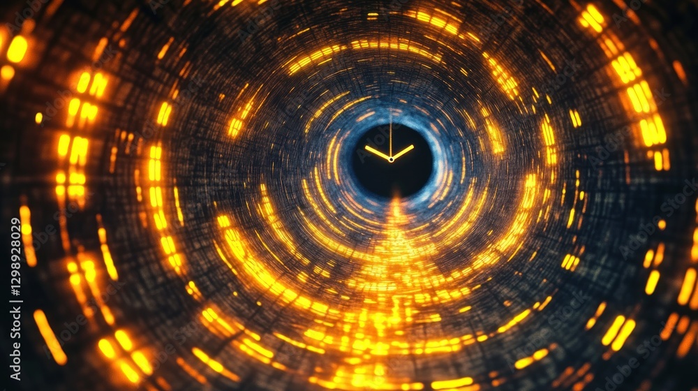 Poster abstract clock faces inside glowing tunnel with technological, futuristic design