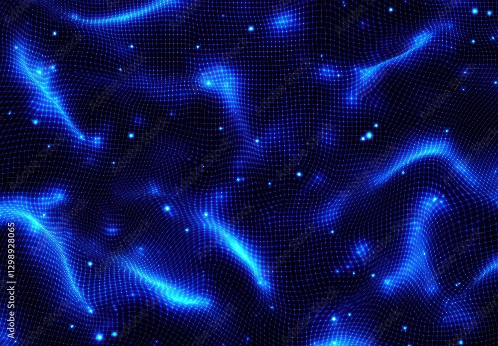 Poster deep blue abstract background with glowing waves and dots for modern digital designs and visual proj
