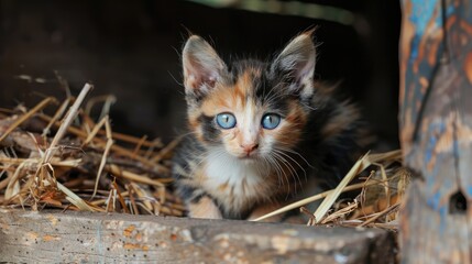 A curious calico kitten peeks from a rustic wooden crate filled with straw, surrounded by a cozy barn setting