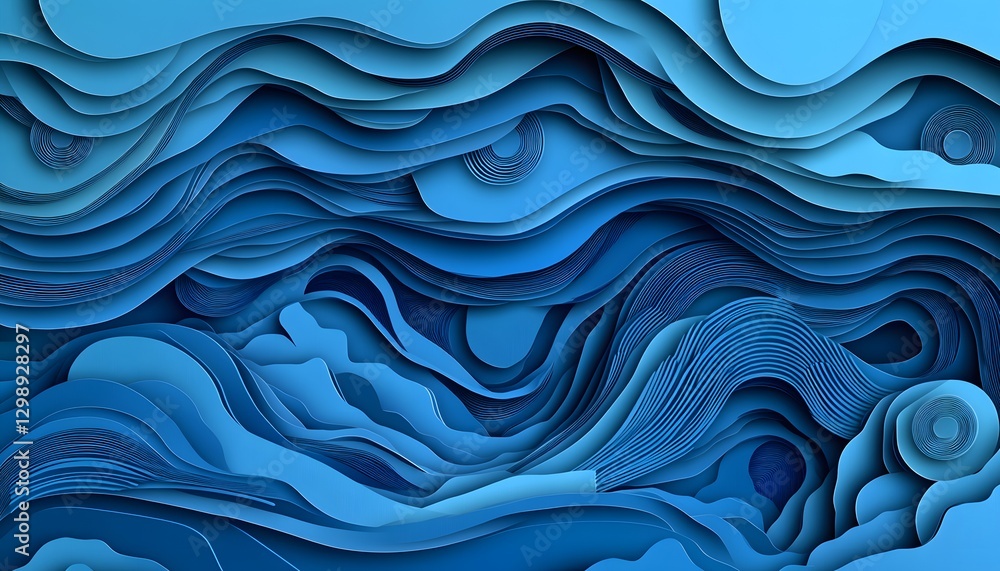 Poster layered abstract artwork depicting undulating blue shapes and circular patterns