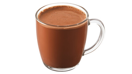 Hot chocolate drink with froth in transparent glass cup