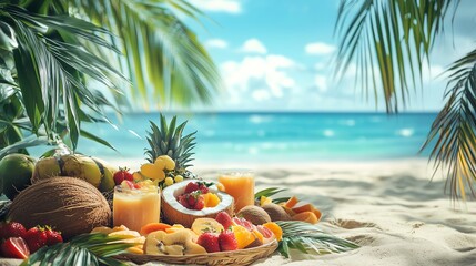 Vibrant tropical fruits on sandy beach.