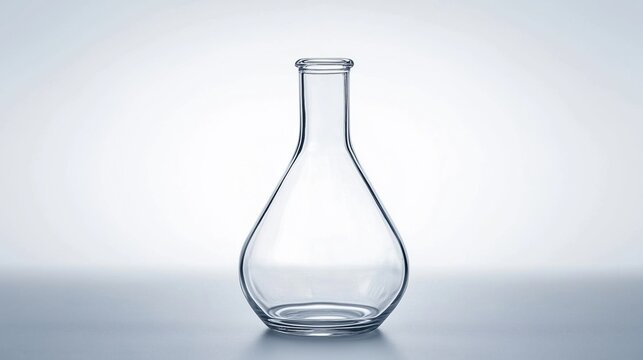 A clear glass laboratory flask with a unique shape on a light background.
