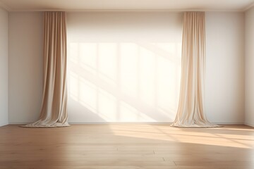 Fototapeta premium Serene and Spacious Empty Room with Luxurious Curtains and Rug in Light White and Brown Tones