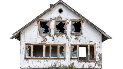 Abandoned house with broken windows and peeling paint on transparent background