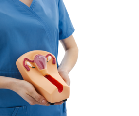 Medical anatomical model of female uterus in doctor's hands isolated on transparent background with PNG file . Gynecology, women's health concept
