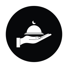 Fototapeta premium Minimalist Monochrome Illustration of a Hand Presenting a Dome-Shaped Object with a Crescent Moon on Top Against a Black Circular Background