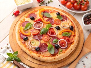 A delicious pizza with pepperoni, vegetables, and cheese.