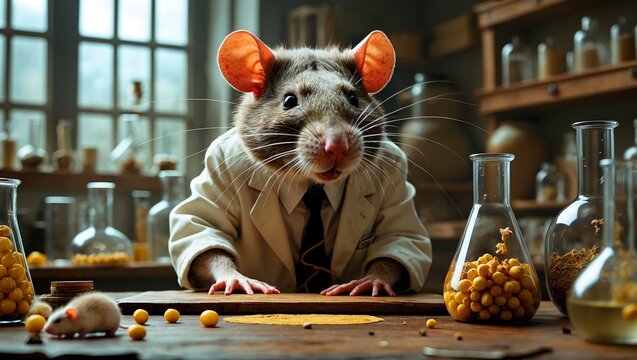 A wild rat scientist conducting eccentric experiments
