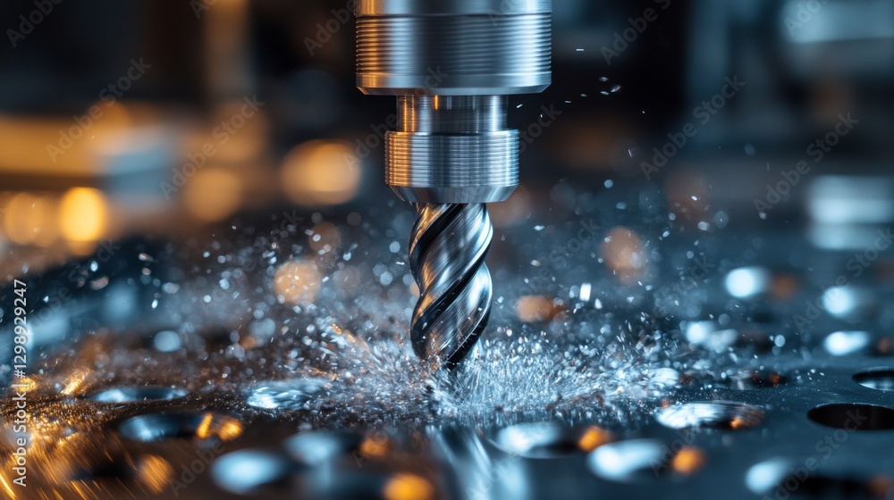 Poster the machining process showcases a spiral drill bit making contact with metal, creating sparks and li