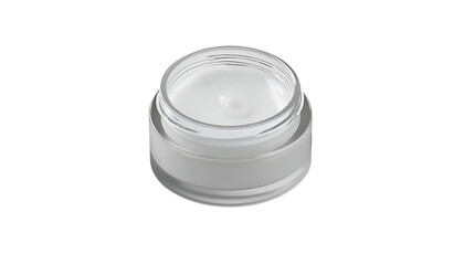 clear glass jar with white cream, luxury cosmetic container, skincare moisturizer packaging, elegant beauty product, on isolated background
