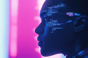 Obraz premium portrait of cybernetic human with integrated digital implants staring into distance